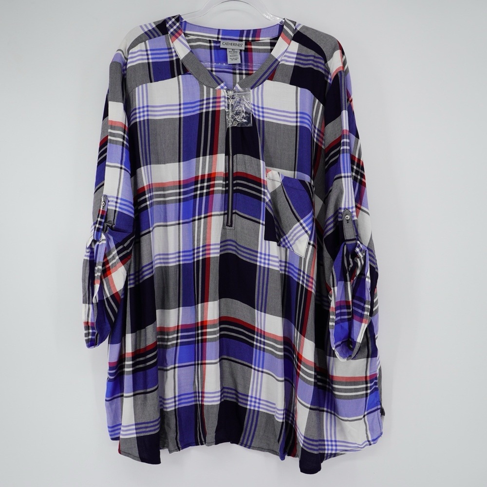 Catherines Plaid Half Zip Top Roll Tab Sleeve Blouse 5X Blue Lightweight NWOT